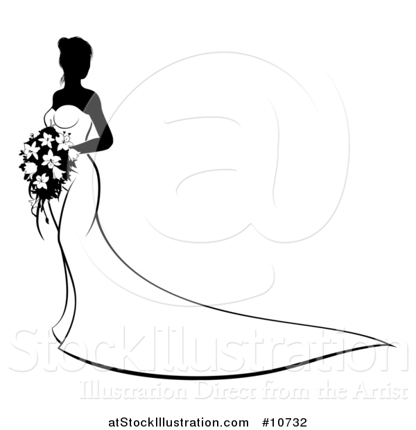 Vector Illustration of a Silhouetted Black and White Bride Holding a Bouquet