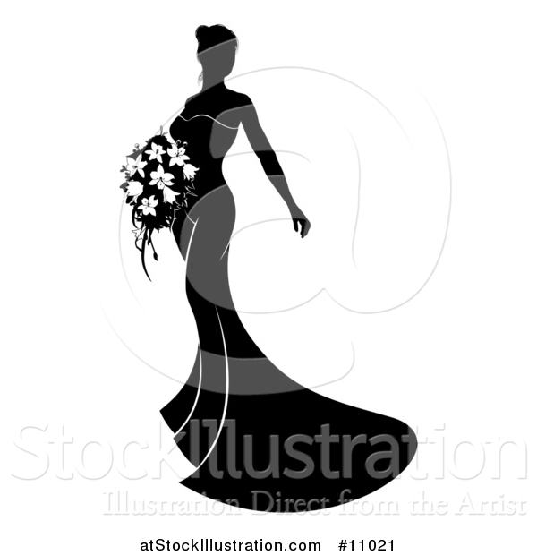 Vector Illustration of a Silhouetted Black and White Bride Holding a Bouquet