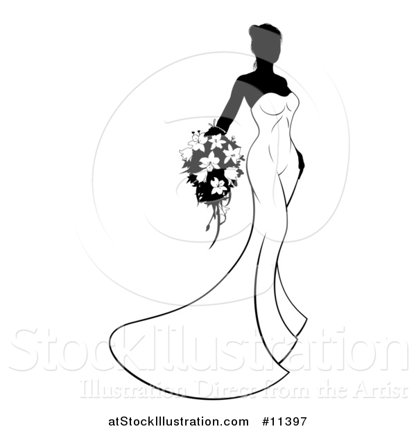 Vector Illustration of a Silhouetted Black and White Bride Holding a Bouquet