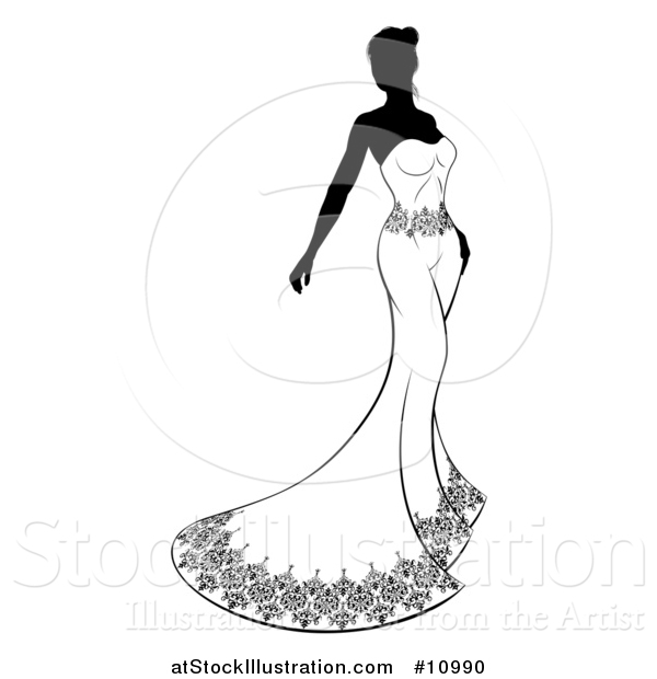 Vector Illustration of a Silhouetted Black and White Bride in a Strapless Dress