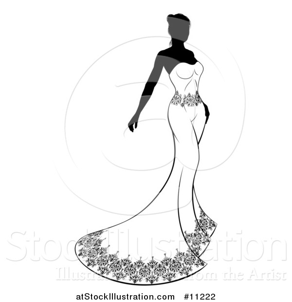Vector Illustration of a Silhouetted Black and White Bride in a Strapless Dress