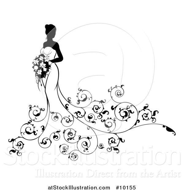 Vector Illustration of a Silhouetted Black and White Bride in a Wedding Gown, with Swirls