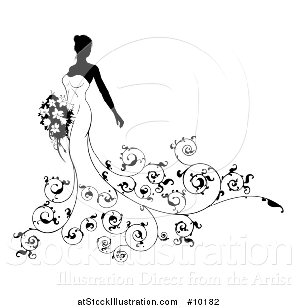 Vector Illustration of a Silhouetted Black and White Bride in a Wedding Gown, with Swirls