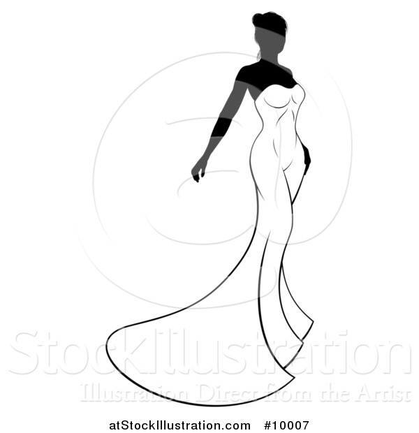 Vector Illustration of a Silhouetted Black and White Bride in Her Dress