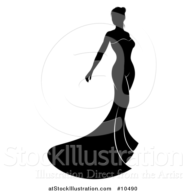 Vector Illustration of a Silhouetted Black and White Bride in Her Dress