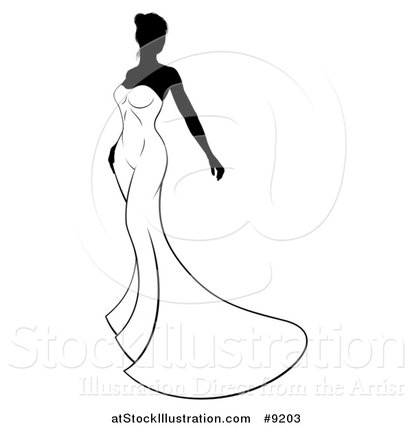 Vector Illustration of a Silhouetted Black and White Bride in Her Dress