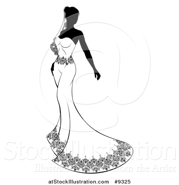 Vector Illustration of a Silhouetted Black and White Bride in Her Dress