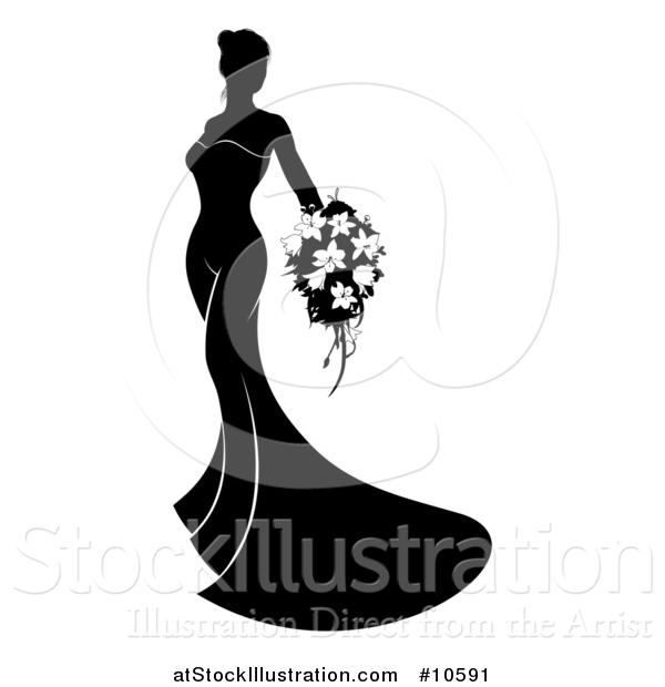 Vector Illustration of a Silhouetted Black and White Bride in Her Dress, Holding a Bouquet