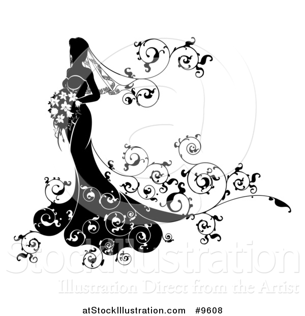 Vector Illustration of a Silhouetted Black and White Bride in Her Dress, Holding a Bouquet, with Floral Swirls