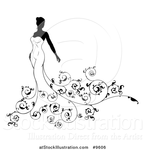 Vector Illustration of a Silhouetted Black and White Bride in Her Dress, with Floral Swirls