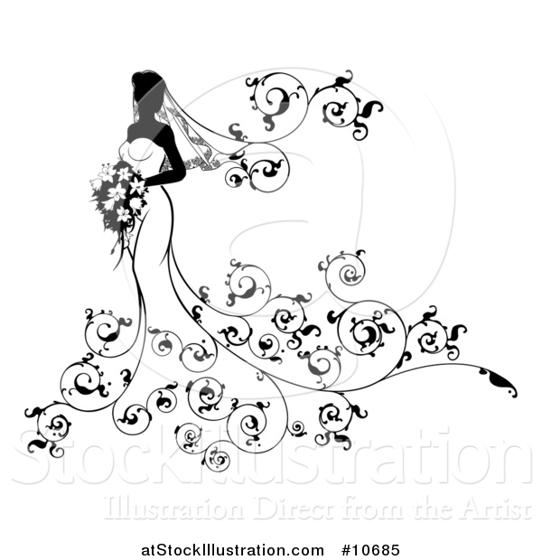 Vector Illustration of a Silhouetted Black and White Bride in Her Dress, with Swirls