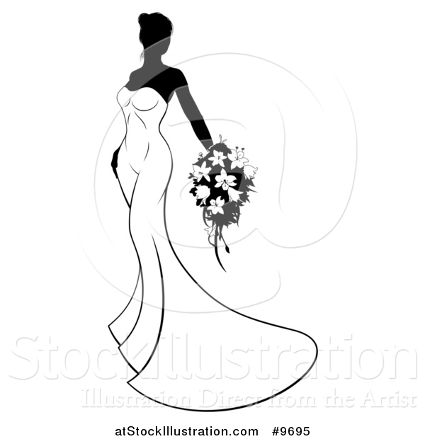 Vector Illustration of a Silhouetted Black and White Bride in Her Gown