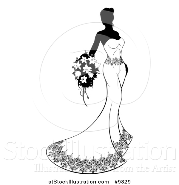 Vector Illustration of a Silhouetted Black and White Bride in Her Gown