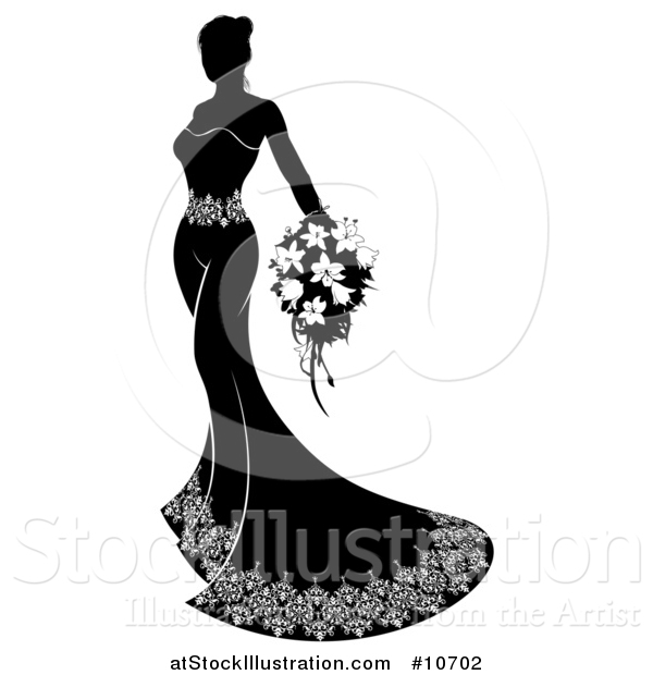 Vector Illustration of a Silhouetted Black and White Bride in Her Gown, Holding a Bouquet