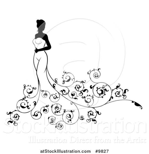 Vector Illustration of a Silhouetted Black and White Bride in Her Gown with Swirls