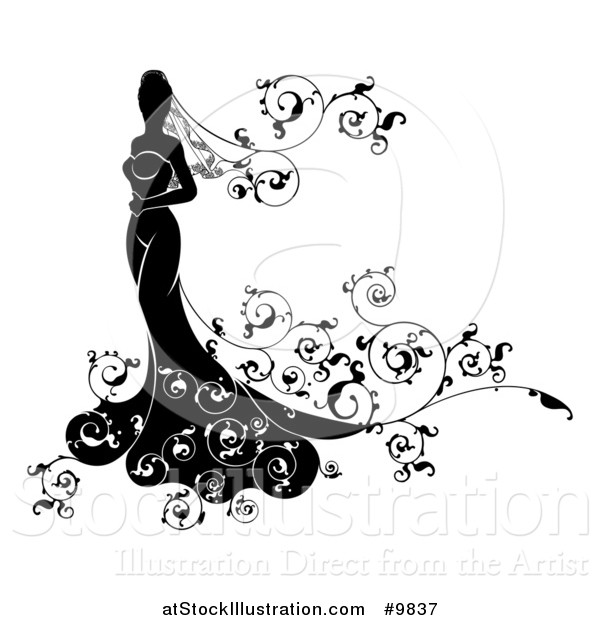 Vector Illustration of a Silhouetted Black and White Bride in Her Gown with Swirls