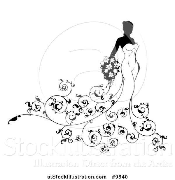 Vector Illustration of a Silhouetted Black and White Bride in Her Gown with Swirls