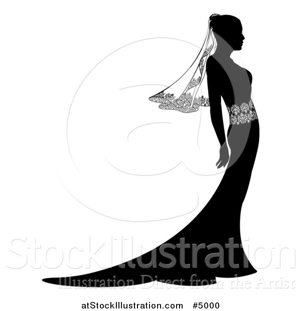 Vector Illustration of a Silhouetted Black and White Bride in Profile with a Veil
