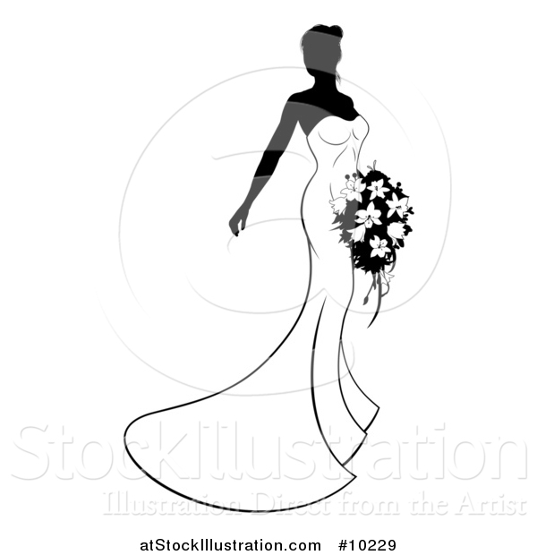 Vector Illustration of a Silhouetted Black and White Bride Posing in a Wedding Gown