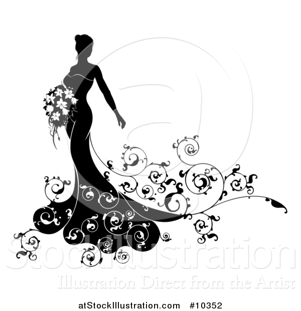 Vector Illustration of a Silhouetted Black and White Bride Posing in a Wedding Gown, with a Bouquet