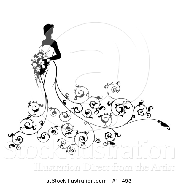 Vector Illustration of a Silhouetted Black and White Bride with Swirls