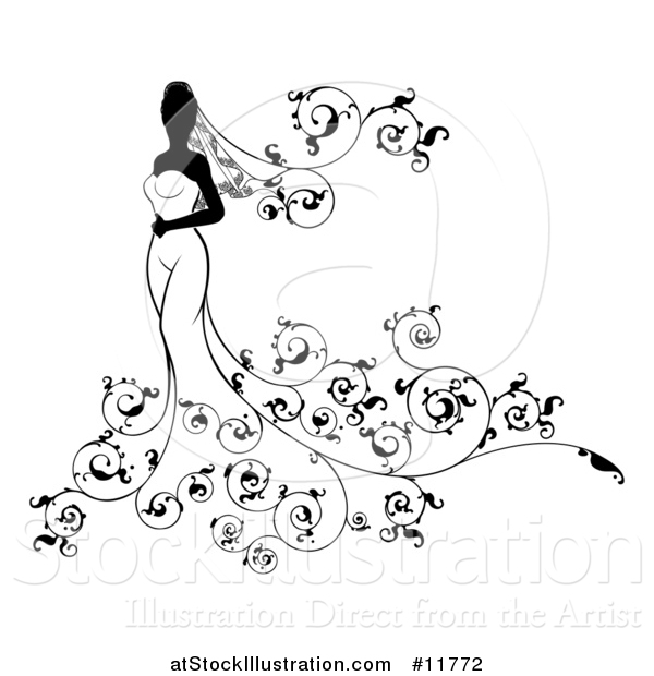 Vector Illustration of a Silhouetted Black and White Bride with Swirls