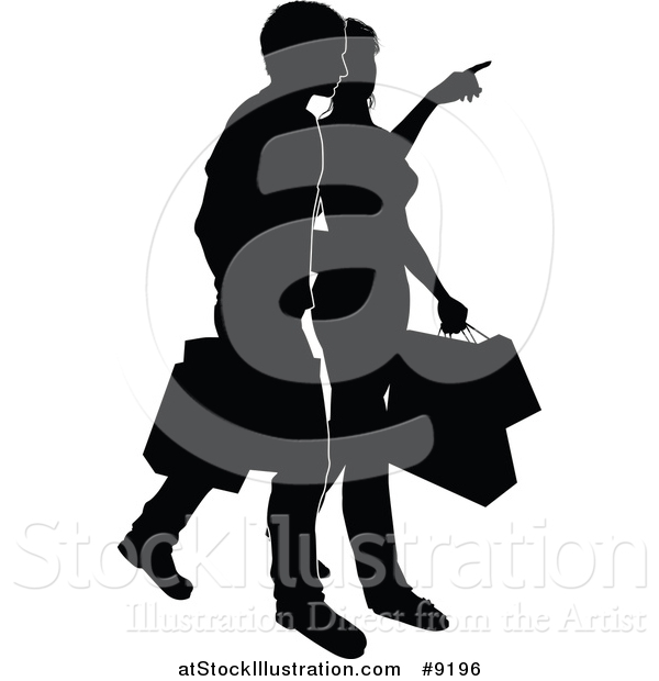 Vector Illustration of a Silhouetted Black and White Couple Shopping and Carrying Bags