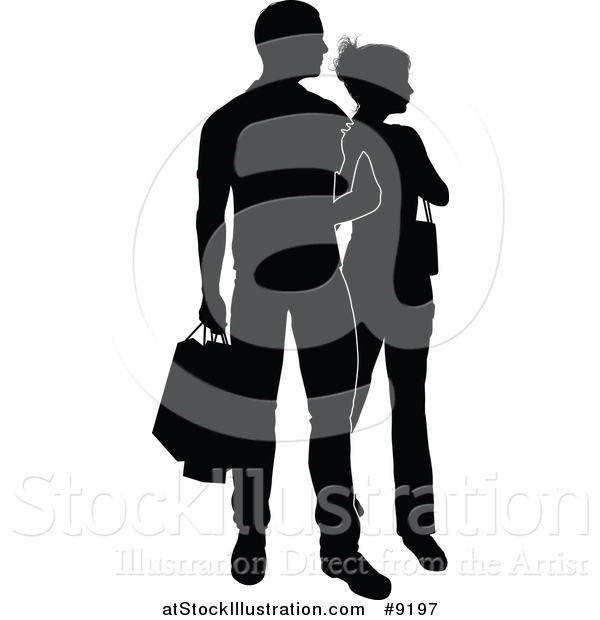 Vector Illustration of a Silhouetted Black and White Couple Shopping and Carrying Bags