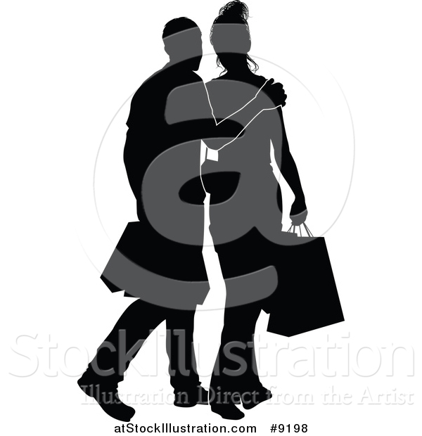 Vector Illustration of a Silhouetted Black and White Couple Shopping and Carrying Bags