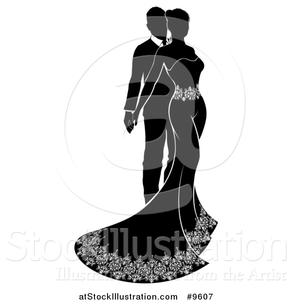 Vector Illustration of a Silhouetted Black and White Posing Bride and Groom