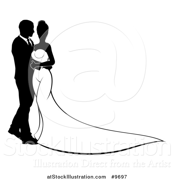 Vector Illustration of a Silhouetted Black and White Posing Bride and Groom