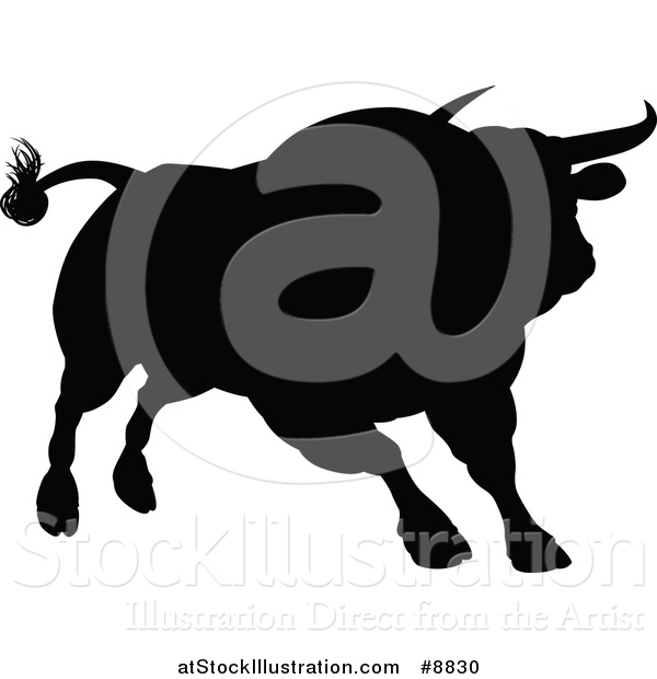 Vector Illustration of a Silhouetted Black Bull Charging