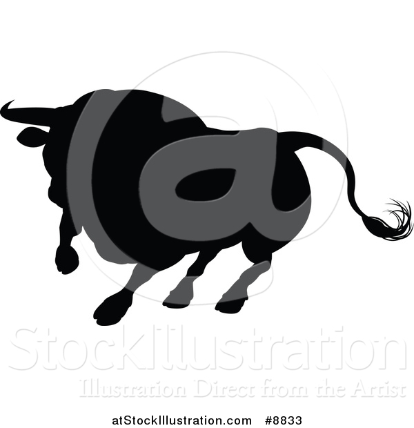 Vector Illustration of a Silhouetted Black Bull Charging