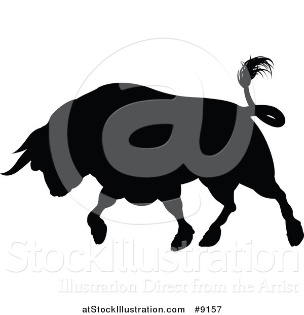 Vector Illustration of a Silhouetted Black Bull Charging