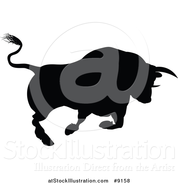 Vector Illustration of a Silhouetted Black Bull Charging