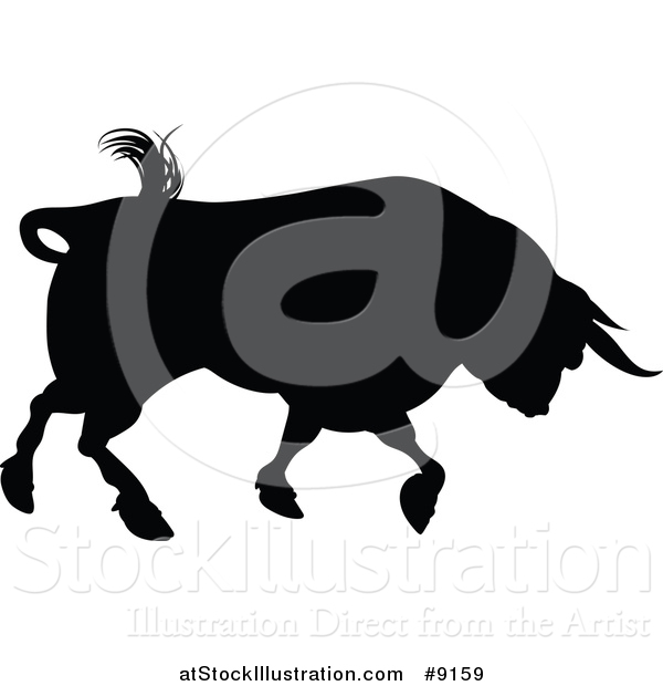 Vector Illustration of a Silhouetted Black Bull Charging