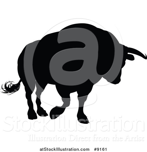 Vector Illustration of a Silhouetted Black Bull Charging