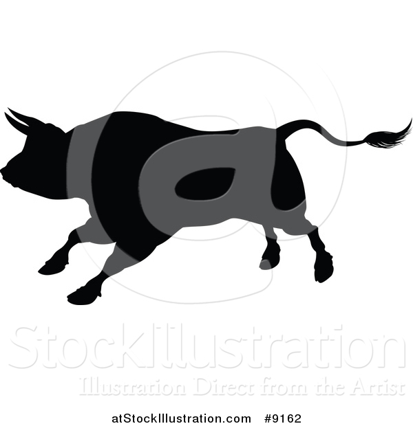 Vector Illustration of a Silhouetted Black Bull Charging