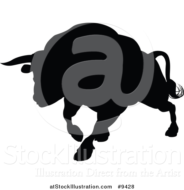 Vector Illustration of a Silhouetted Black Bull Charging