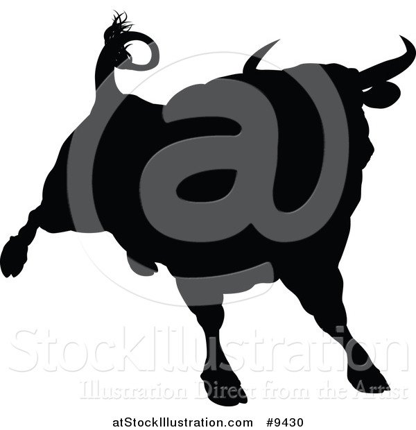 Vector Illustration of a Silhouetted Black Bull Charging