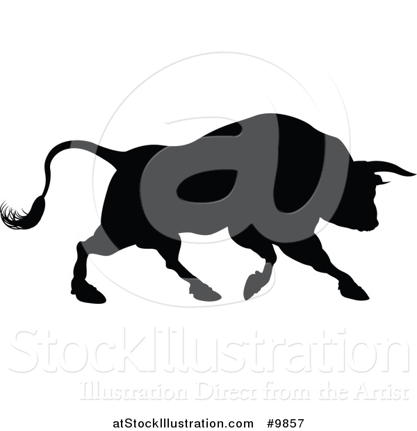 Vector Illustration of a Silhouetted Black Bull Charging