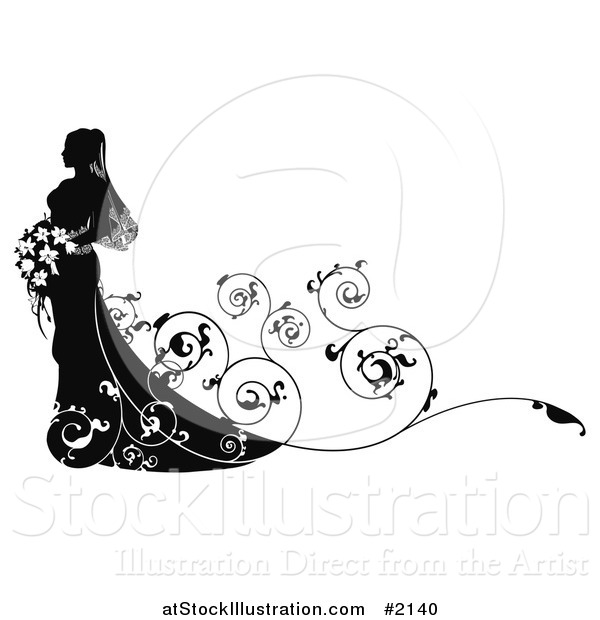 Vector Illustration of a Silhouetted Bride with Swirly Vines and Copyspace