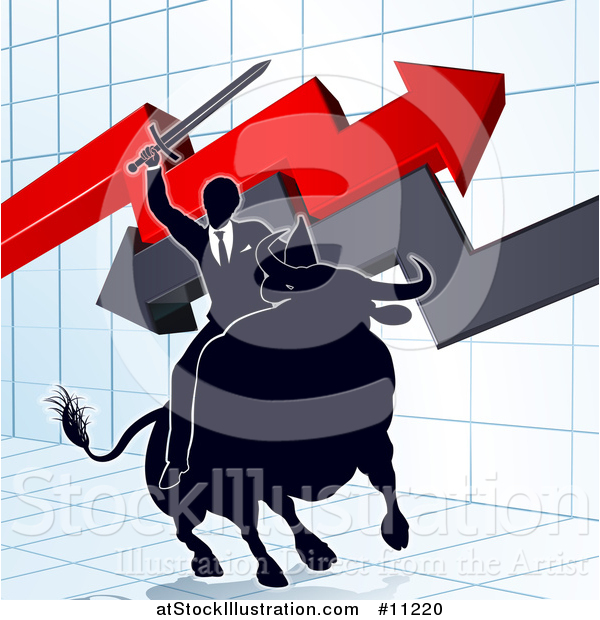 Vector Illustration of a Silhouetted Business Man Holding a Sword and Riding a Stock Market Bull Against a Graph with Arrows