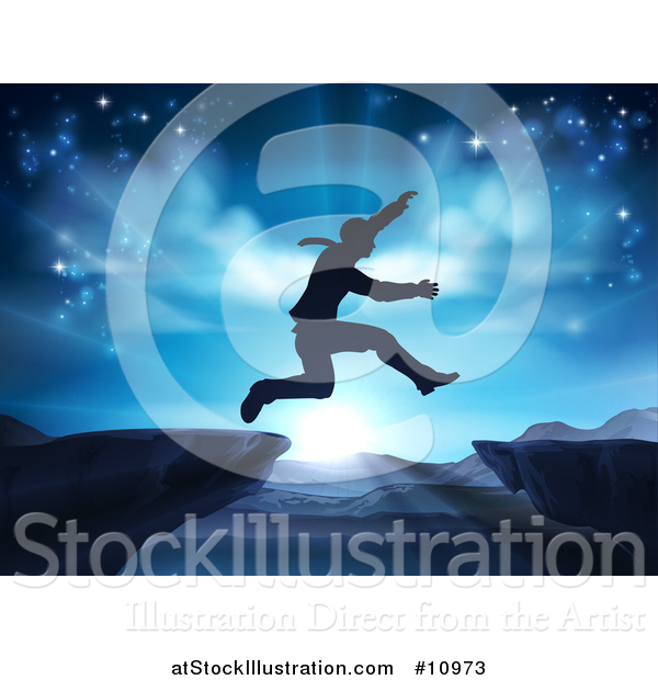 Vector Illustration of a Silhouetted Business Man Leaping a Mountainous Gap over a Blue Sunrise