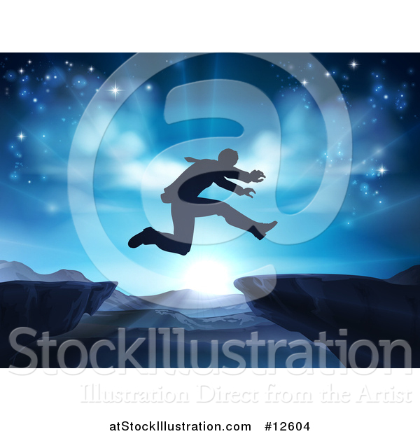 Vector Illustration of a Silhouetted Business Man Leaping a Mountainous Gap over a Blue Sunrise