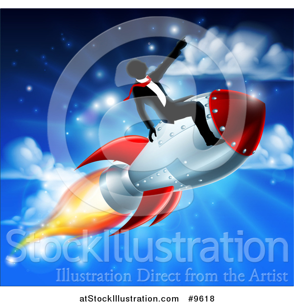 Vector Illustration of a Silhouetted Businessman Sitting on a 3d Rocket and Pointing Forward over a Blue Sky