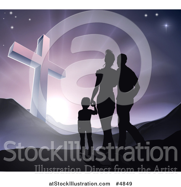 Vector Illustration of a Silhouetted Christian Family Walking Towards a Cross at Sunrise