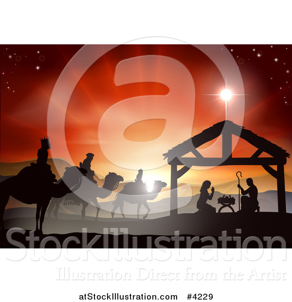 Vector Illustration of a Silhouetted Christmas Nativity Scene at the Manger with the Star of Bethlehem and Sunset