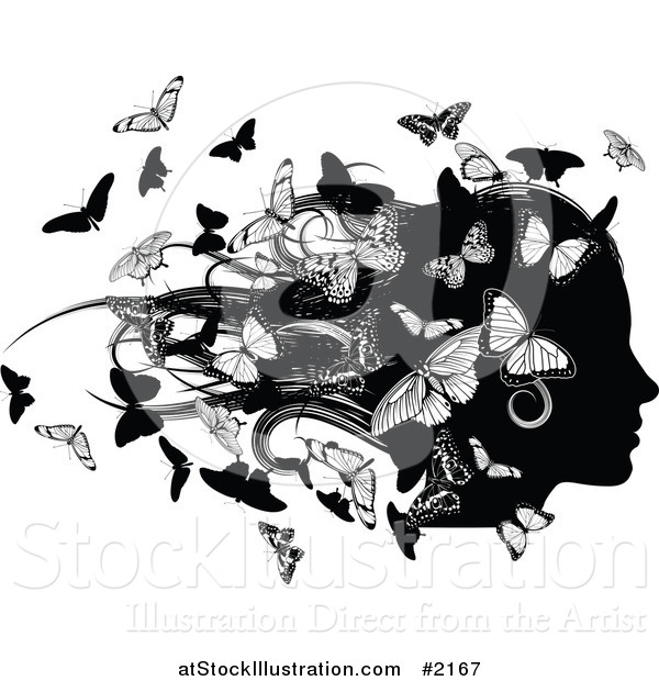 Vector Illustration of a Silhouetted Female Head with Butterflies