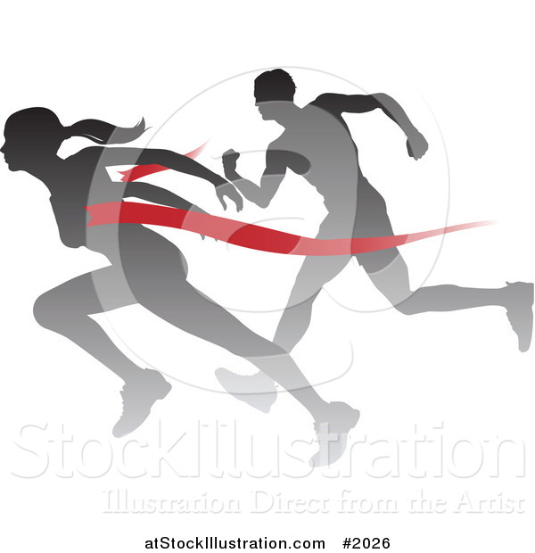 Vector Illustration of a Silhouetted Female Runner Beating a Man to the Finish Line